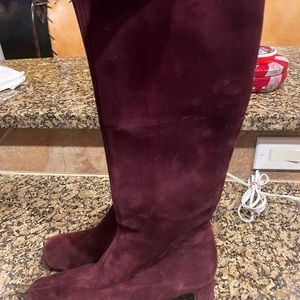 Burgundy suede leather boots, size 9.5, small low block heel.